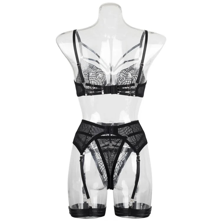 Ensemble lingerie dentelle sexy noir string porte-jarretelles Pétales de nuit