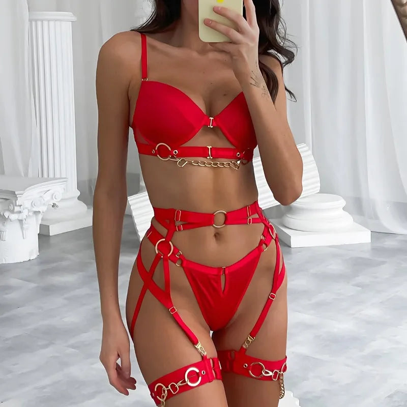 Lingerie sexy à bandes anneaux dorés ensemble 4 pièces Le lien