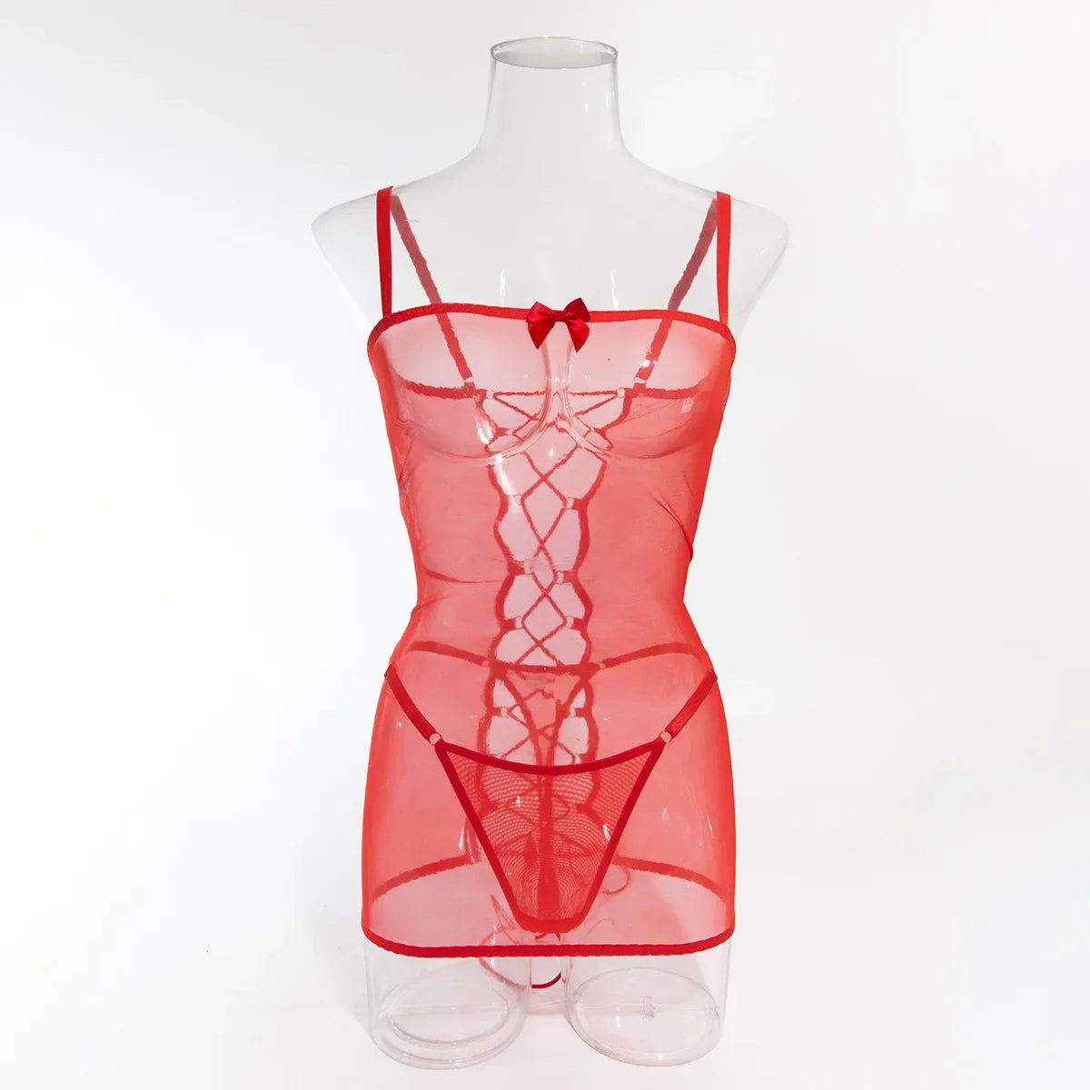 Lingerie sexy robe transparente dos lacé avec string Voile de nuit