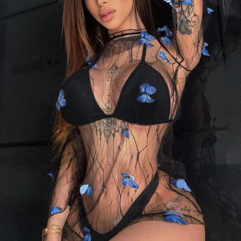 Ensemble lingerie robe transparente tulle Les papillons bleus
