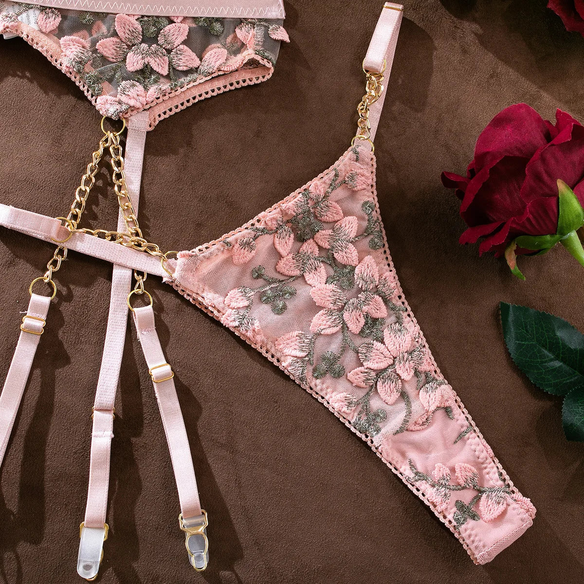 Lingerie sexy fleurie rose ensemble string porte-jarretelles Perspective