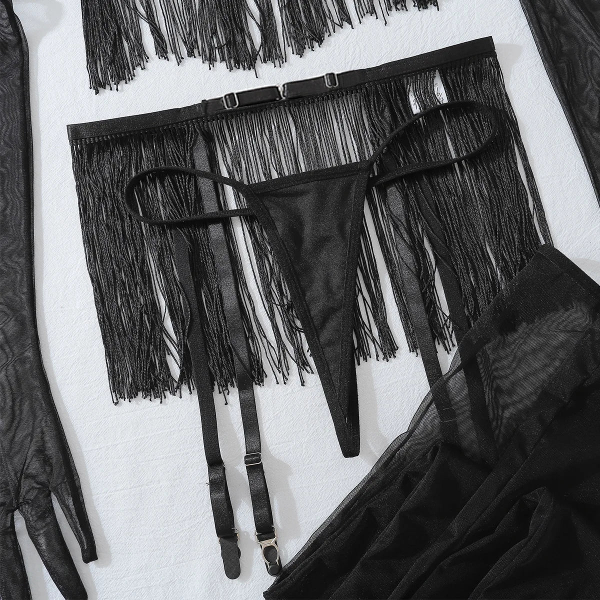 6-piece lingerie set with fringed tops, gloves, tights, garter belts, vintage