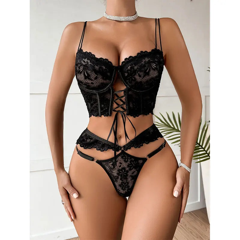 Ensemble soutien-gorge bustier dentelle lacé et string Bellavita