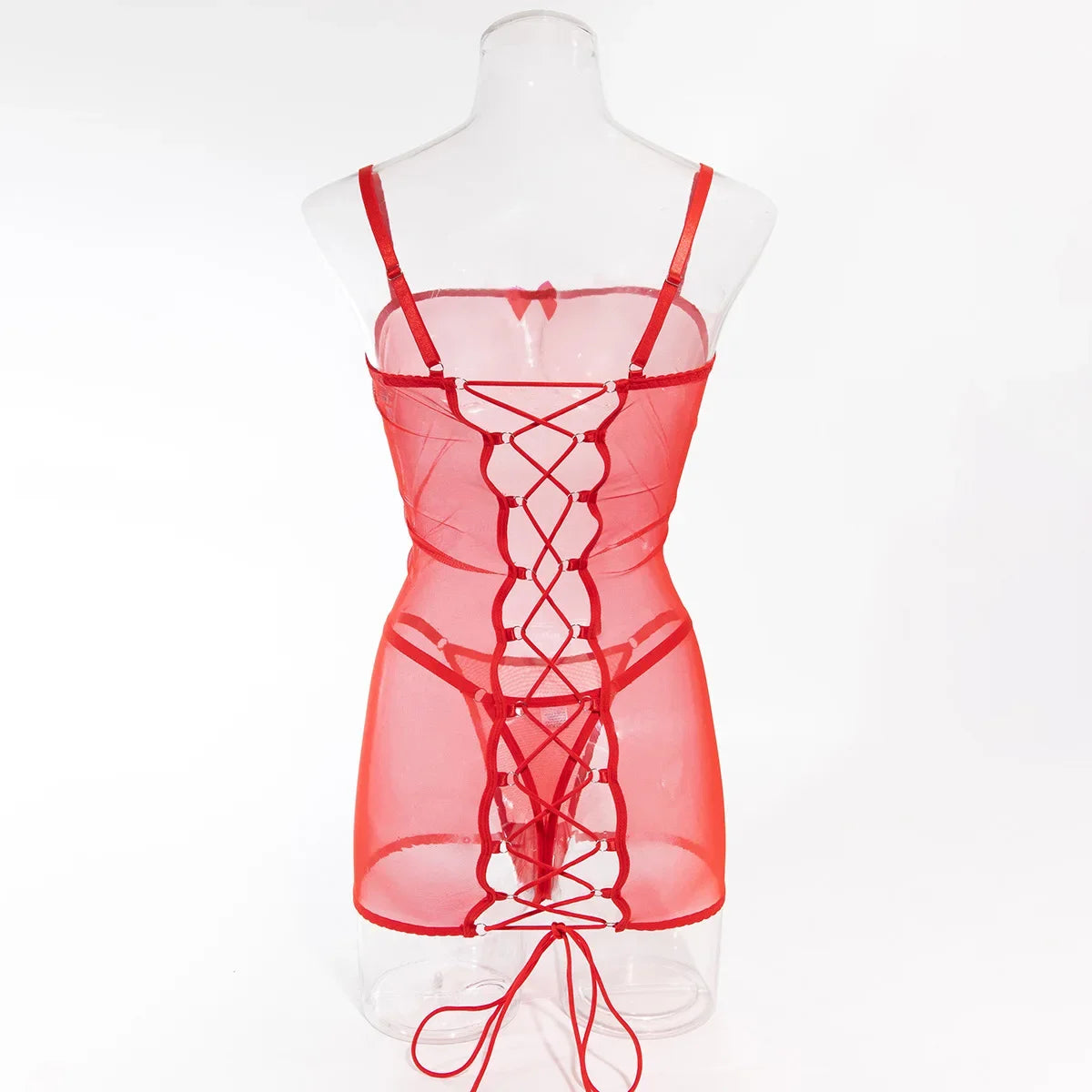 Lingerie sexy robe transparente dos lacé avec string Voile de nuit