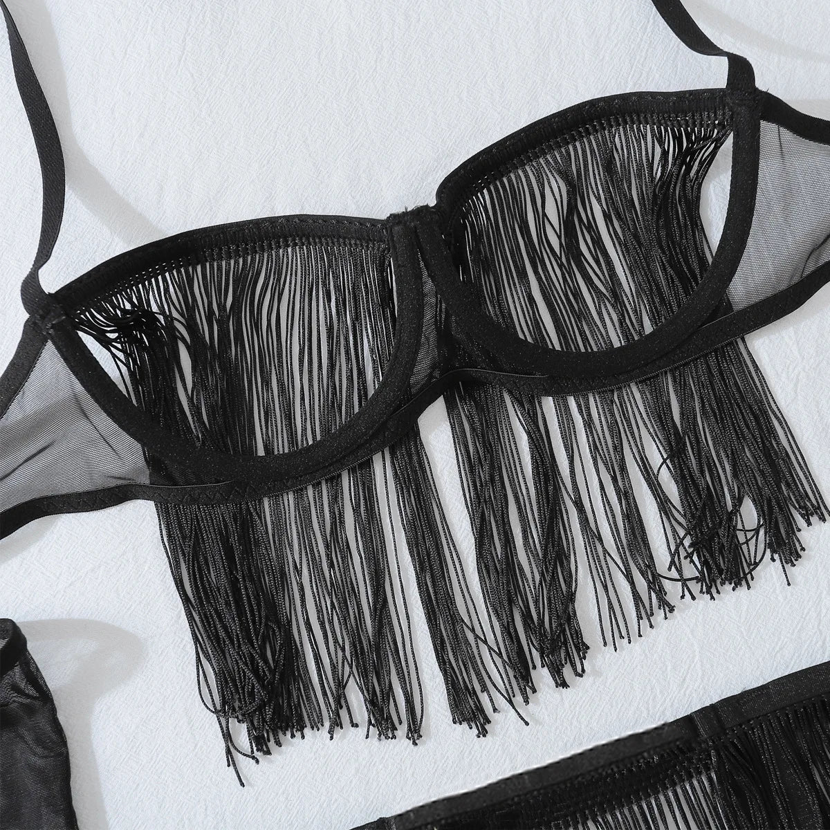 6-piece lingerie set with fringed tops, gloves, tights, garter belts, vintage