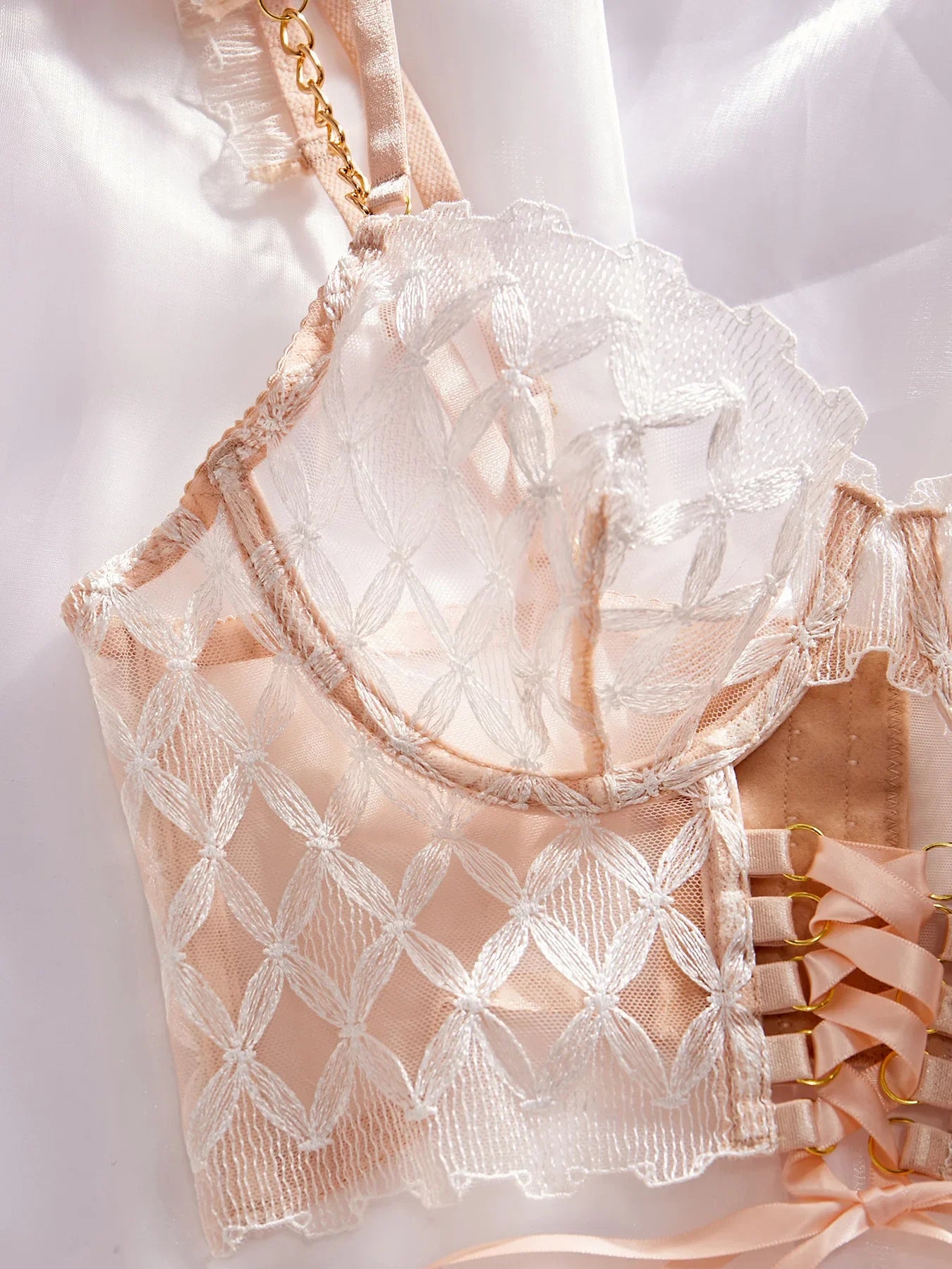 Lingerie érotique bustier lacé string porte-jarretelles frou-frou et jarretières La Gouvernante