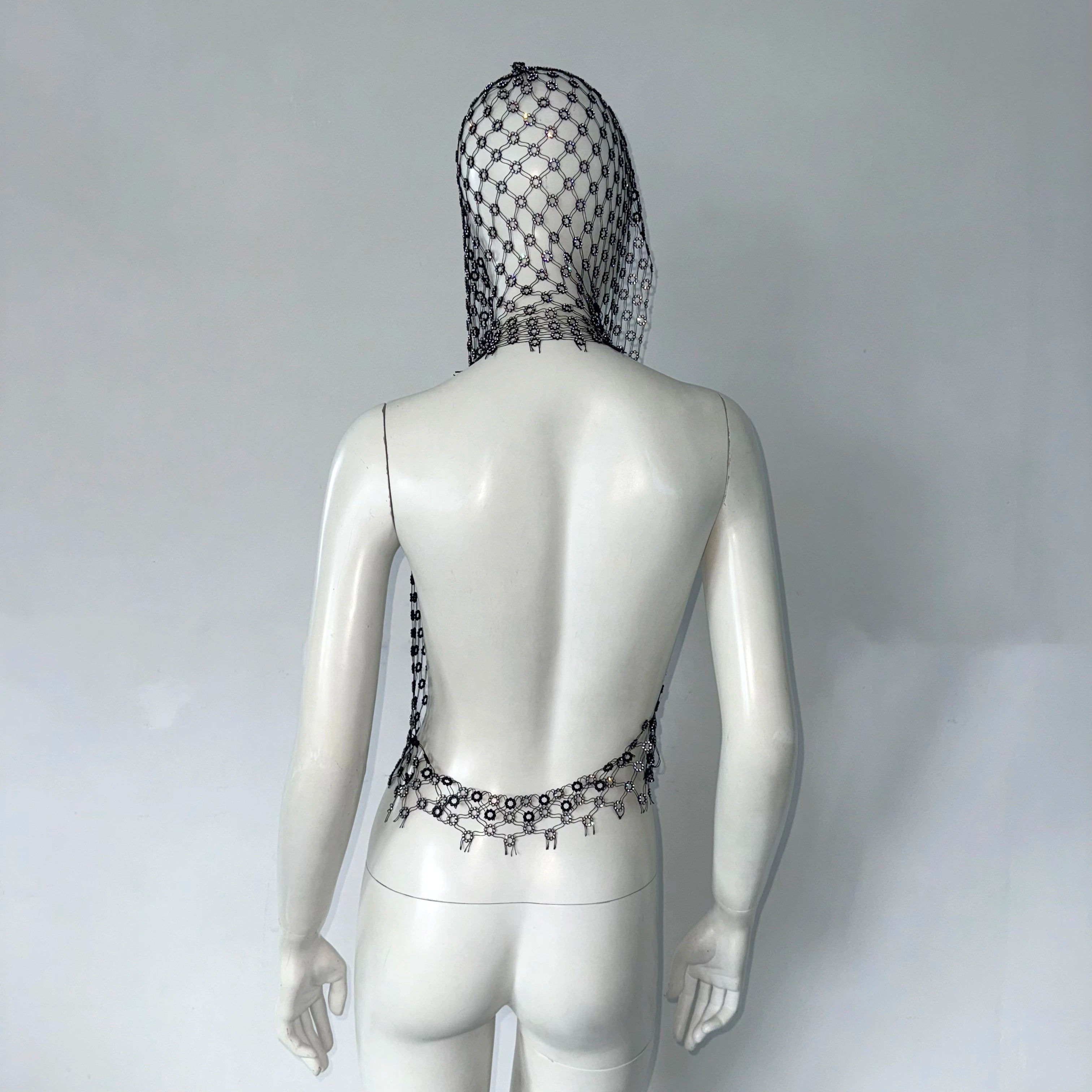Haut en résille à strass et capuche transparent Ibiza