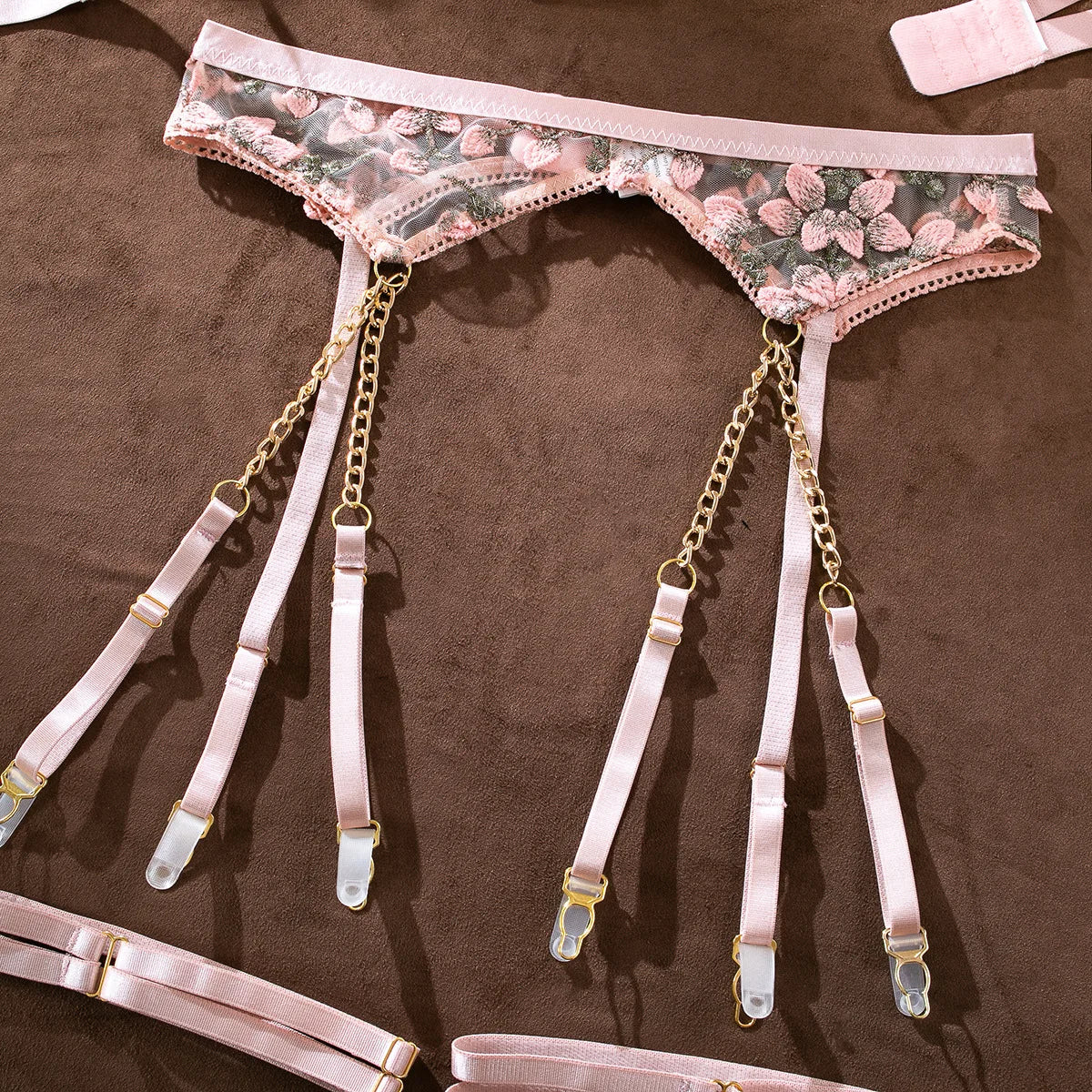 Lingerie sexy fleurie rose ensemble string porte-jarretelles Perspective