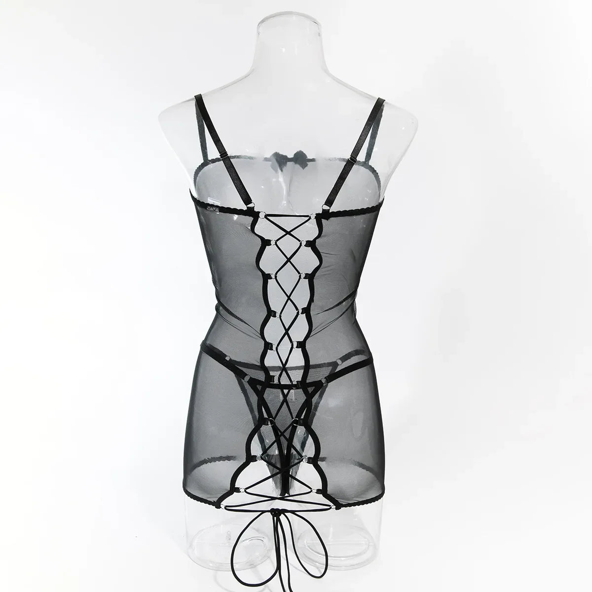 Lingerie sexy robe transparente dos lacé avec string Voile de nuit