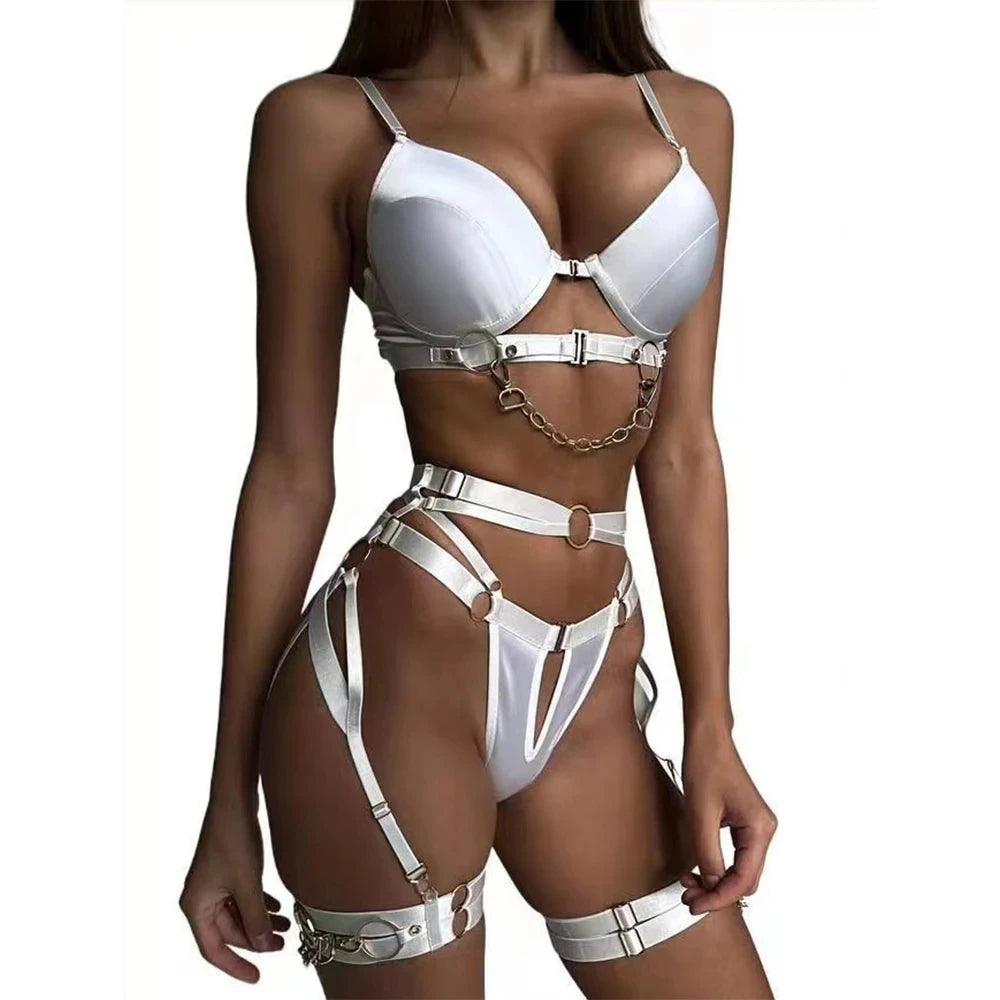 Lingerie sexy à bandes anneaux dorés ensemble 4 pièces Le lien