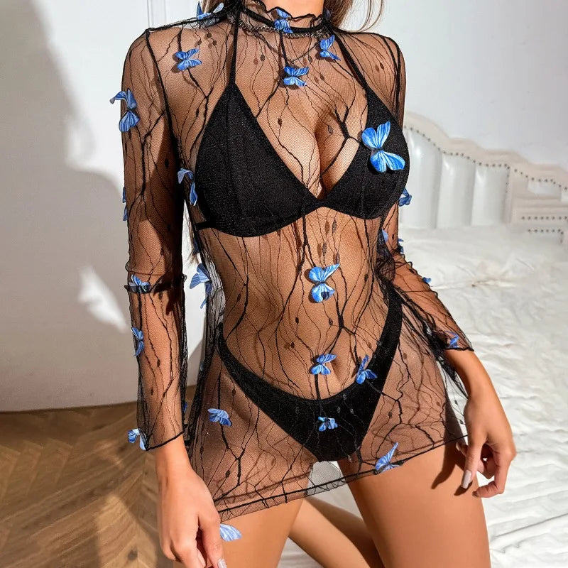 Ensemble lingerie robe transparente tulle Les papillons bleus