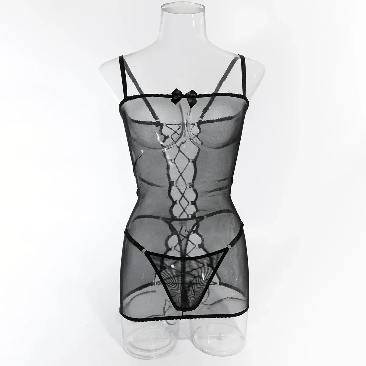 Lingerie sexy robe transparente dos lacé avec string Voile de nuit