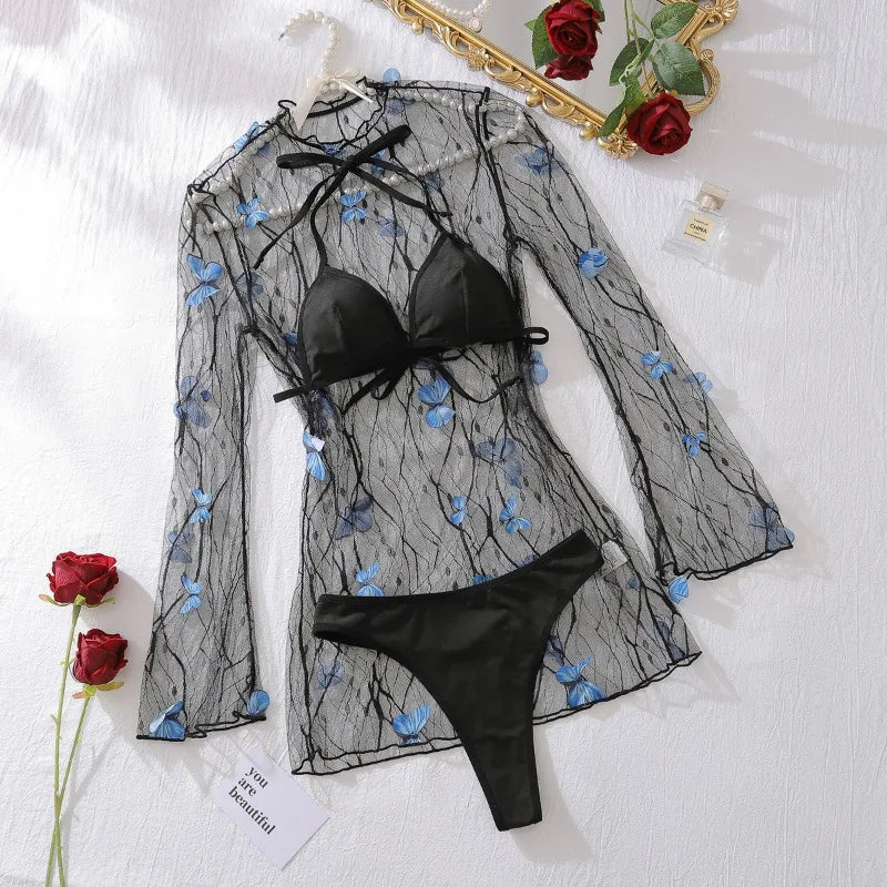 Ensemble lingerie robe transparente tulle Les papillons bleus