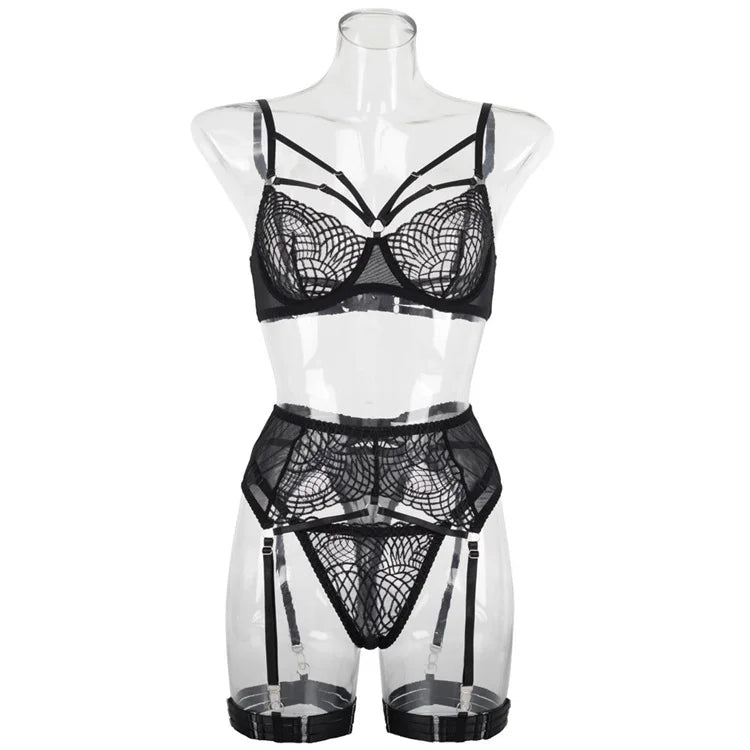 Ensemble lingerie dentelle sexy noir string porte-jarretelles Pétales de nuit