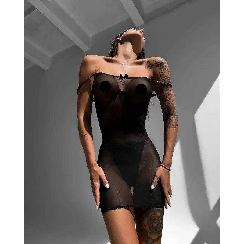 Lingerie sexy robe transparente dos lacé avec string Voile de nuit