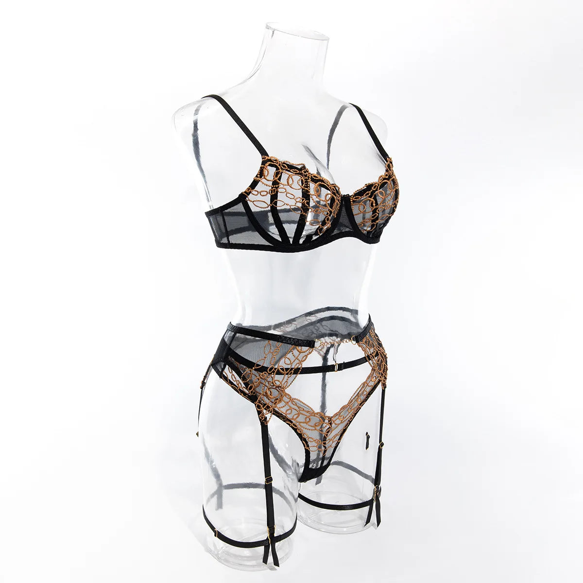 Ensemble lingerie string dentelle dorée L'Envoûtante noir