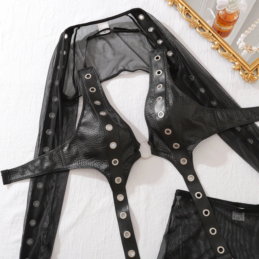 Lingerie noire transparente simili cuir string jupe soutien-gorge caraco Behind
