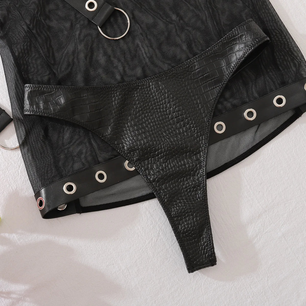 Lingerie noire transparente simili cuir string jupe soutien-gorge caraco Behind