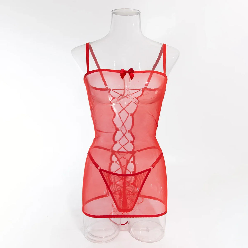 Lingerie sexy robe transparente dos lacé avec string Voile de nuit