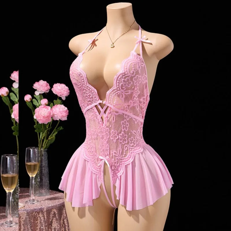 Body string ouvert Dentelle Col V Rose L'Envoûtante - Nuit Rouge