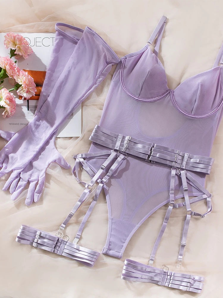 Body string noir transparent femme avec porte-jarretelles et jarretières Extase