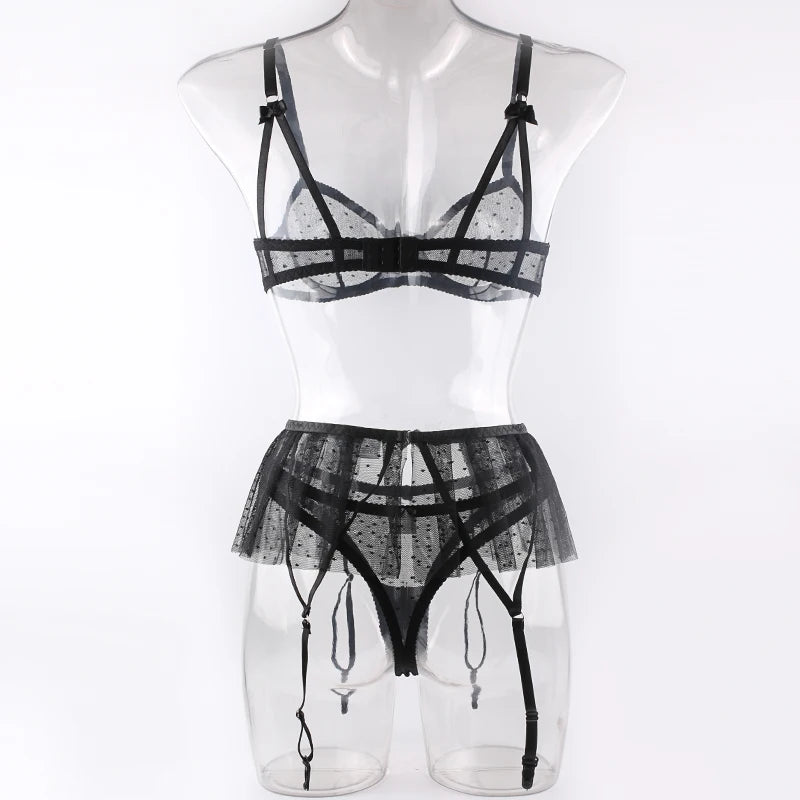 Ensemble de lingerie transparent à pois blanc ou noir trois pièces Sculpture