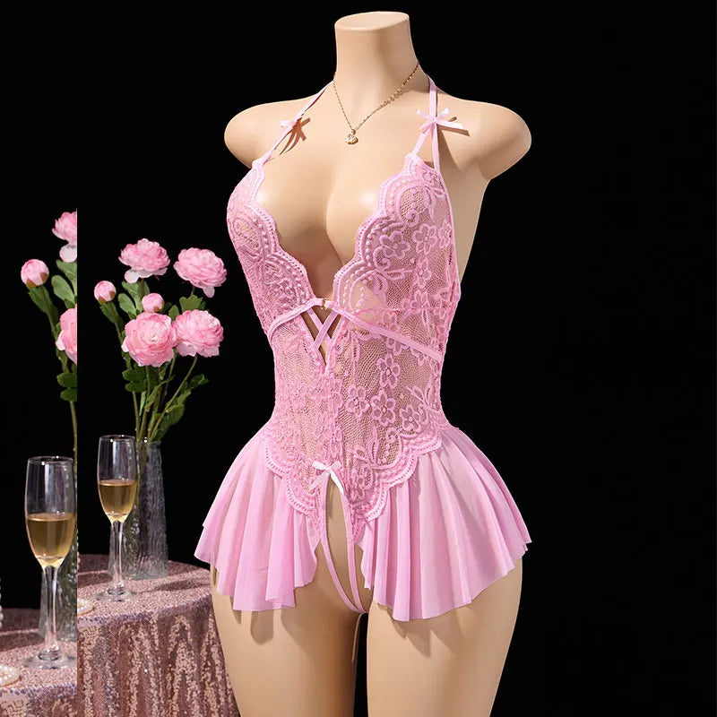 Body string ouvert Dentelle Col V Rose L'Envoûtante - Nuit Rouge