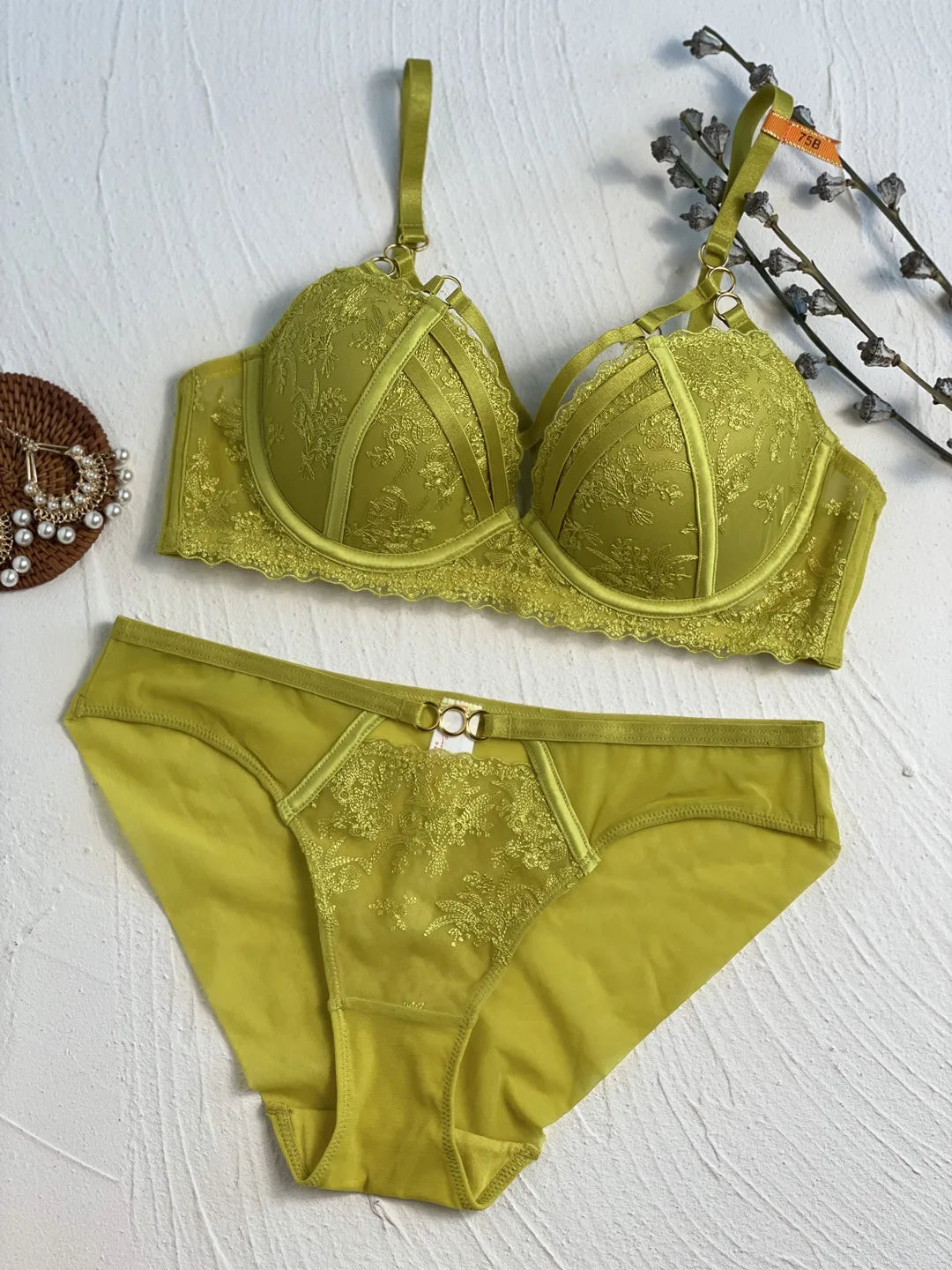 Ensemble de lingerie en dentelle vert deux pièces culotte Crépuscule