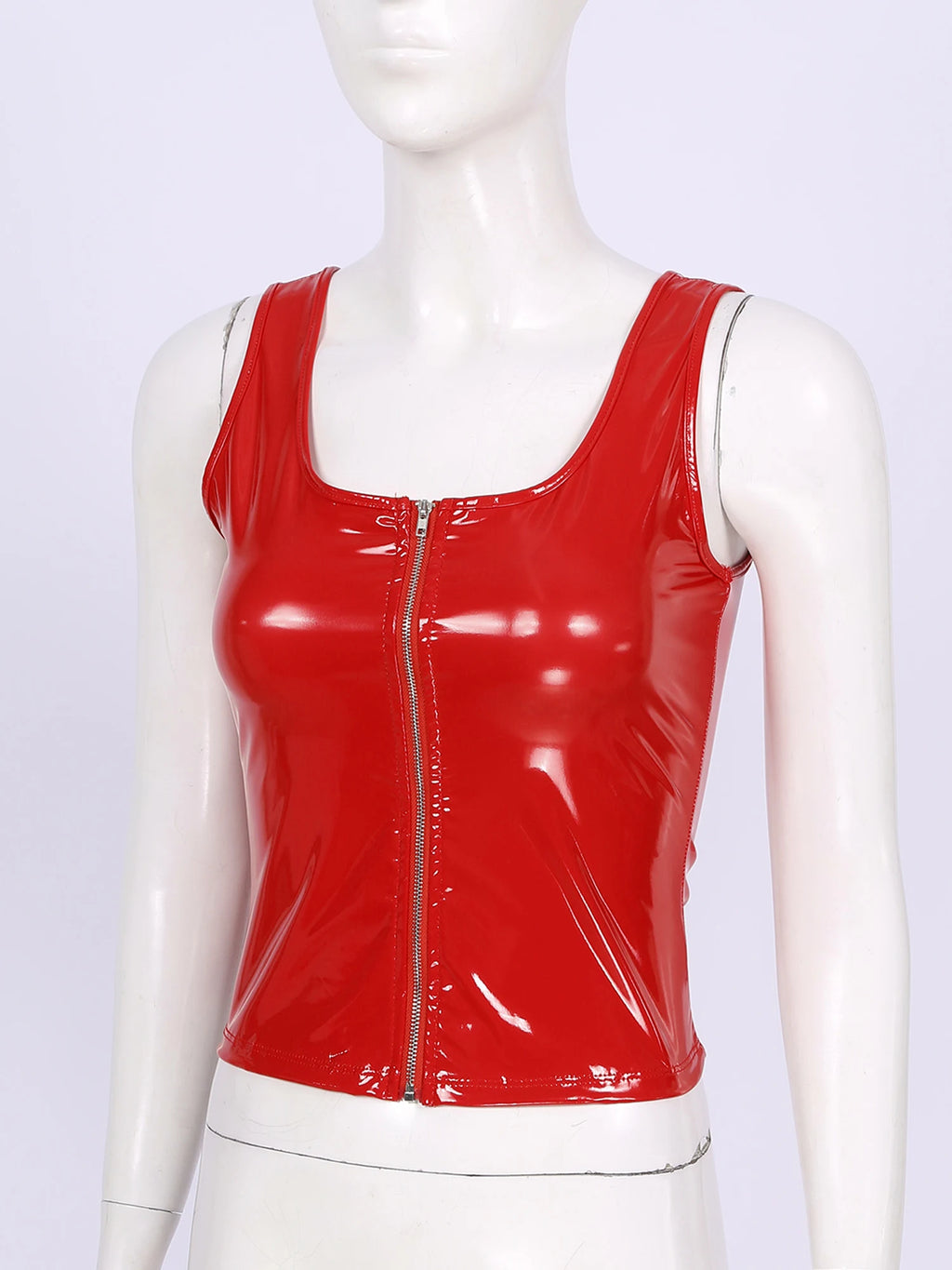Women's crop top in faux latex with patent leather pull tab in black Nuée