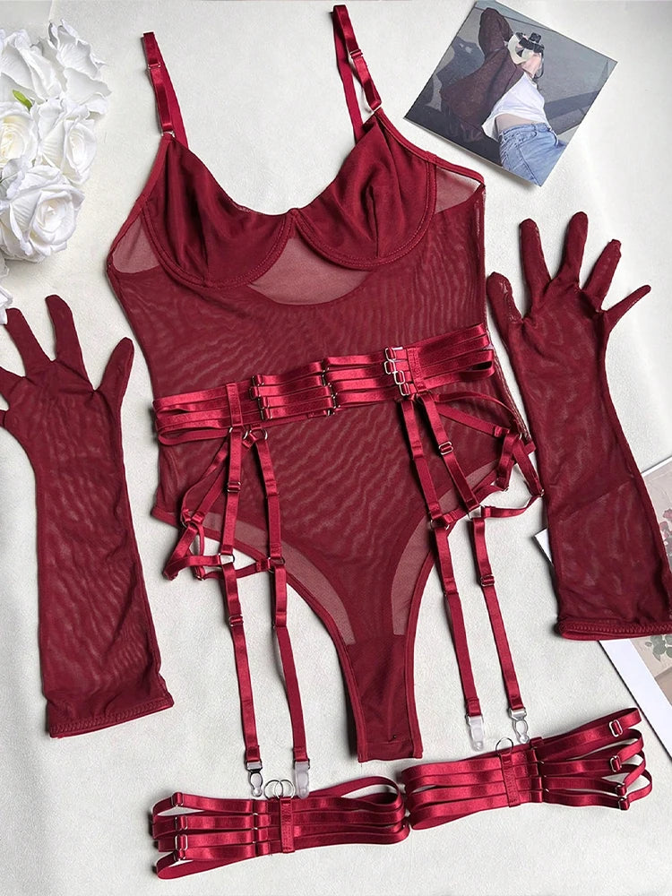 Body string noir transparent femme avec porte-jarretelles et jarretières Extase