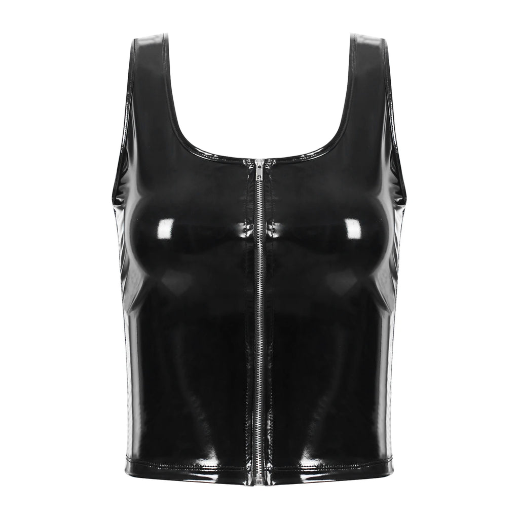 Women's crop top in faux latex with patent leather pull tab in black Nuée