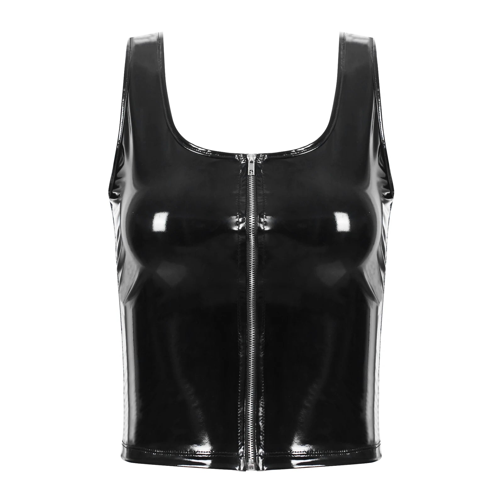 Women's crop top in faux latex with patent leather pull tab in black Nuée