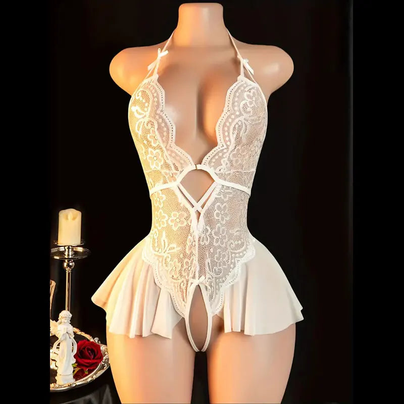 Body string ouvert Dentelle Col V Rose L'Envoûtante - Nuit Rouge