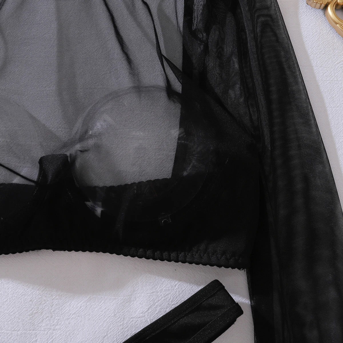 Lingerie sexy dentelle string bas ficelles crop-top transparent noir Constellation