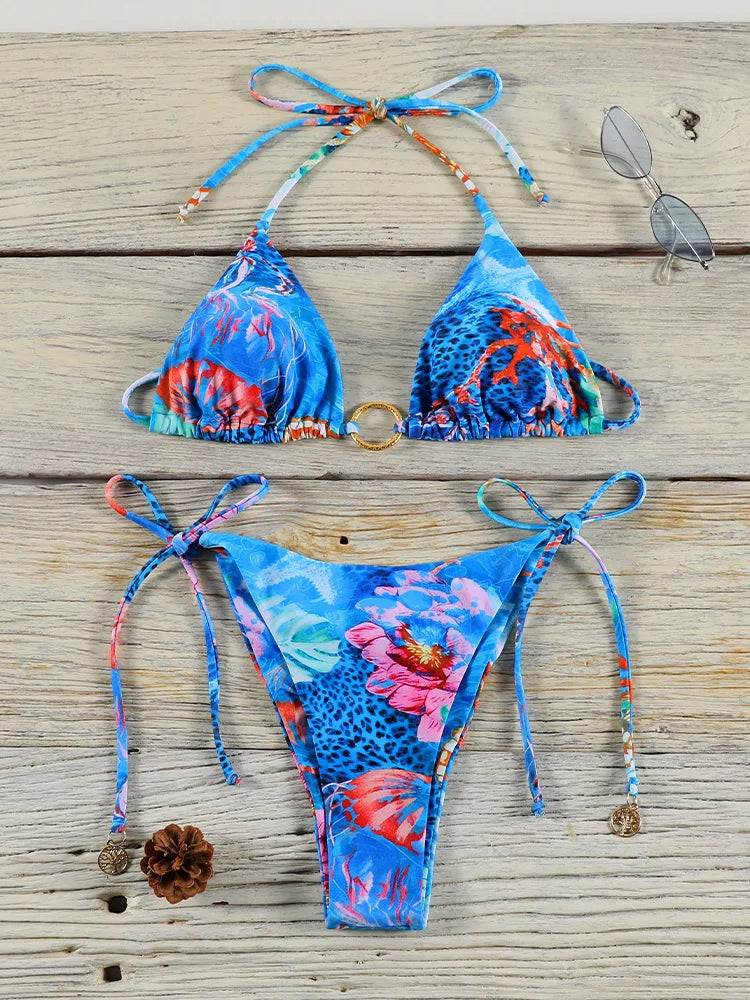 Bikini string ficelle push-up bleu multicolore Arbre de Vie