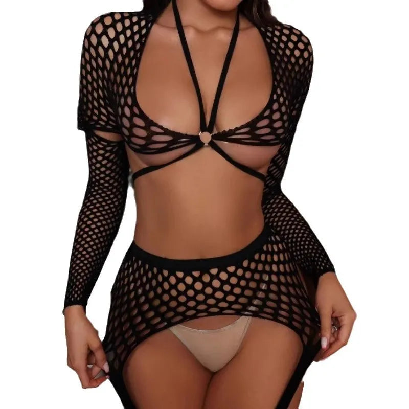 Combinaison Fishnet – Body résille manches longues entrejambe ouvert