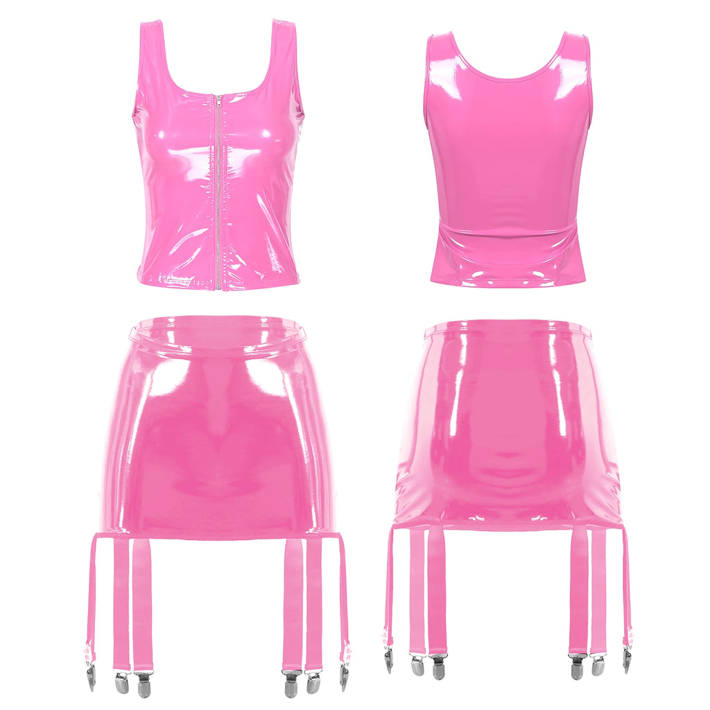 L'exigency faux latex lingerie set with pull-up top and garter belt