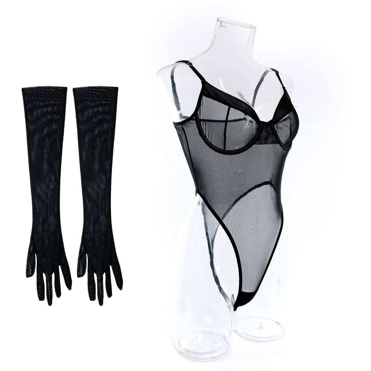 Body string femme noir bleu rouge transparent sexy avec gants Le Goûter