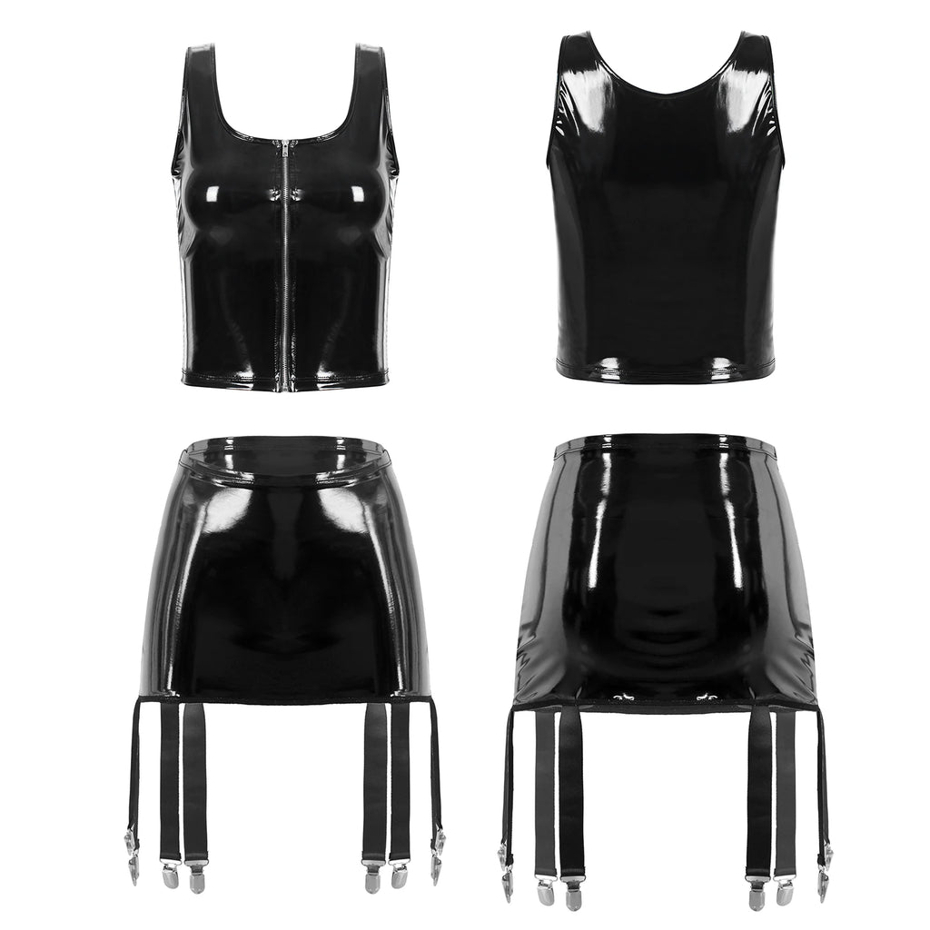 L'exigency faux latex lingerie set with pull-up top and garter belt