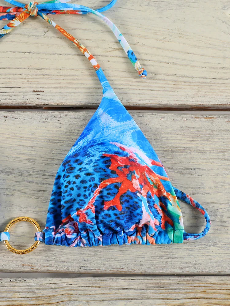Bikini string ficelle push-up bleu multicolore Arbre de Vie