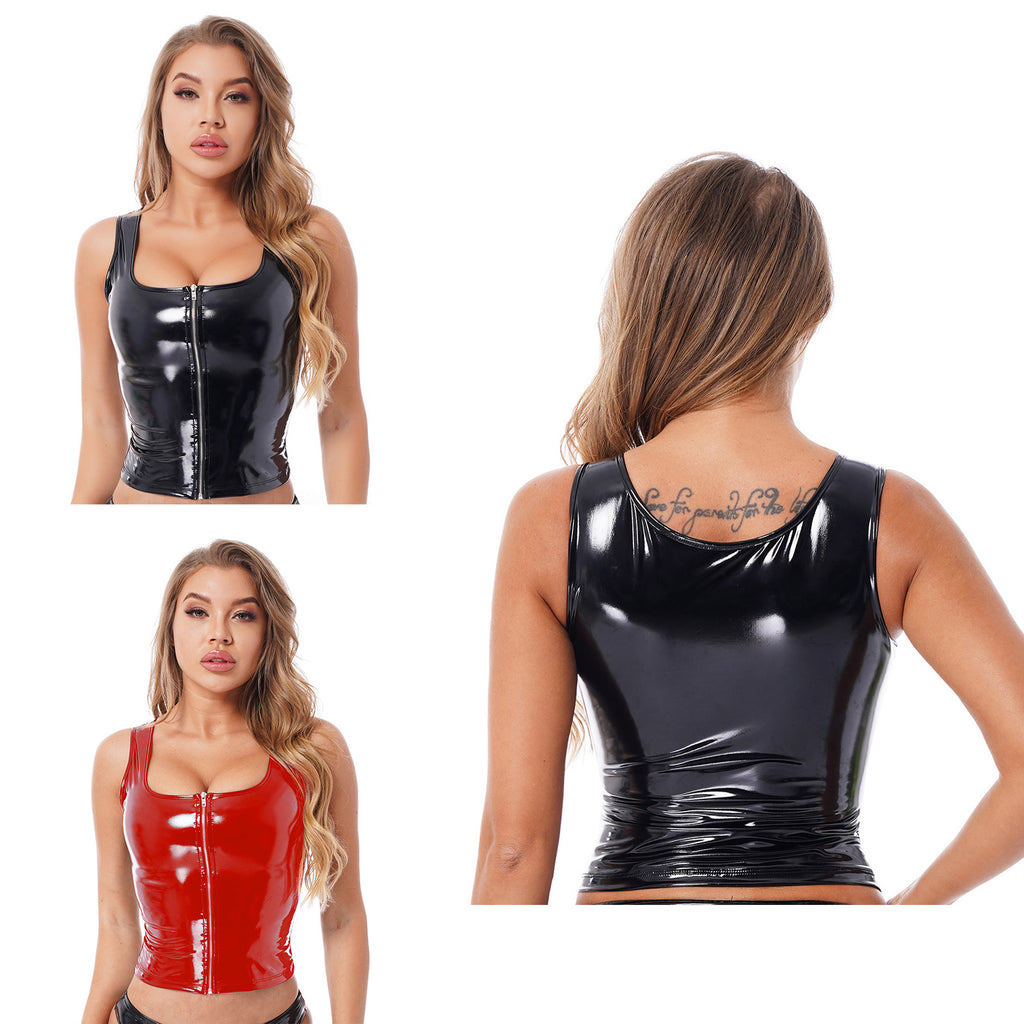 Women's crop top in faux latex with patent leather pull tab in black Nuée