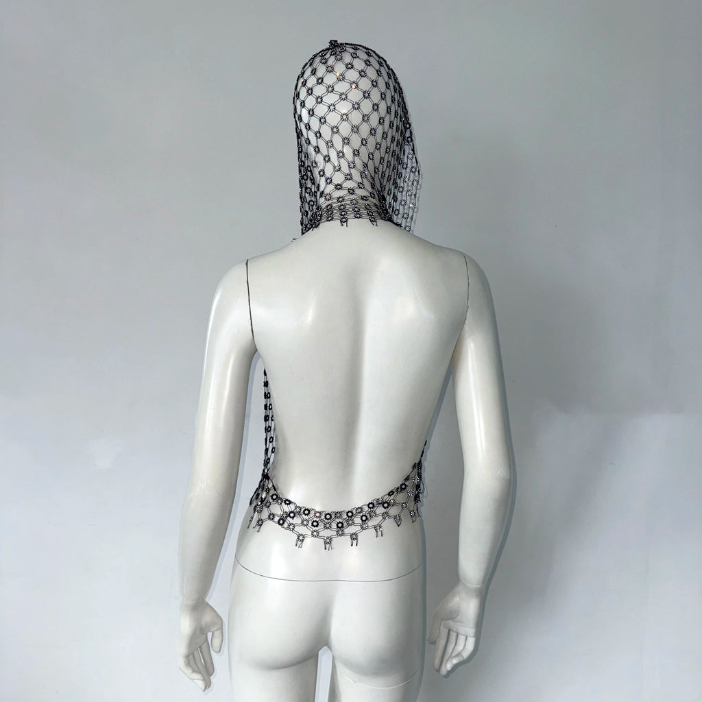 Haut en résille à strass et capuche transparent Ibiza