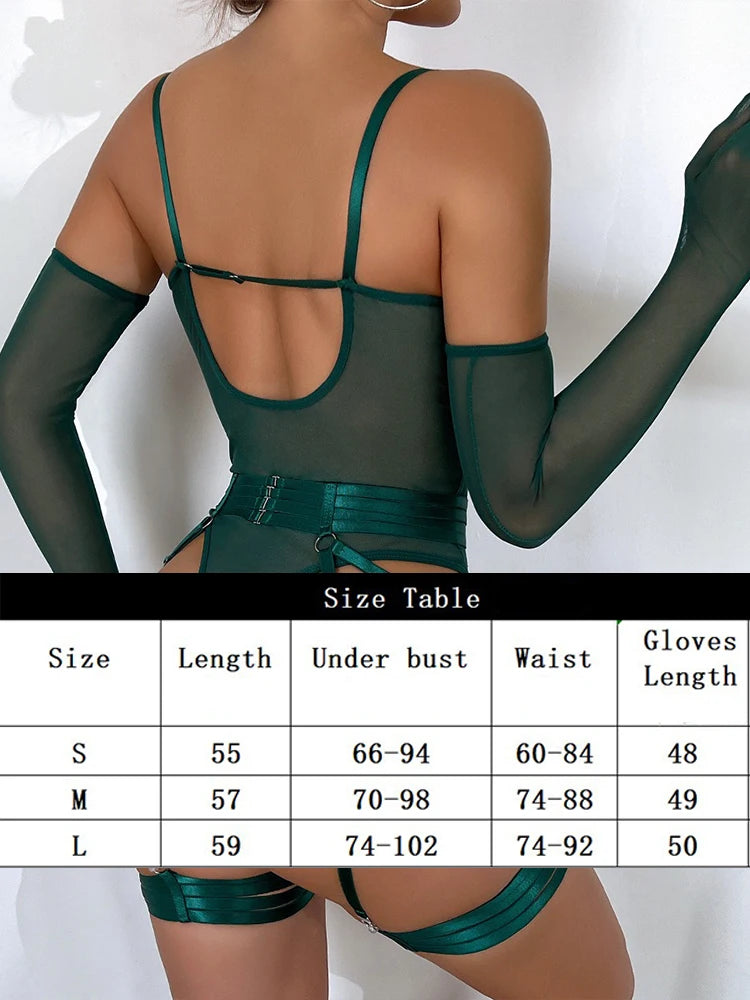 Body string noir transparent femme avec porte-jarretelles et jarretières Extase