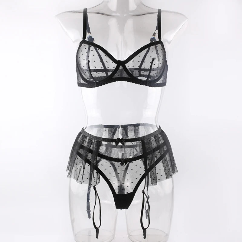 Ensemble de lingerie transparent à pois blanc ou noir trois pièces Sculpture