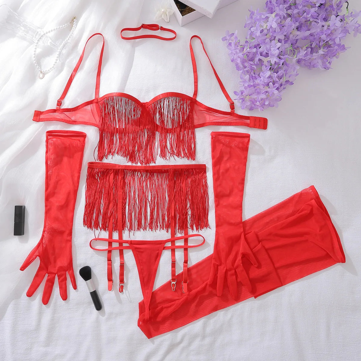 Ensemble lingerie 6 pièces à franges seins nus gants collants porte-jarretelles Millésime
