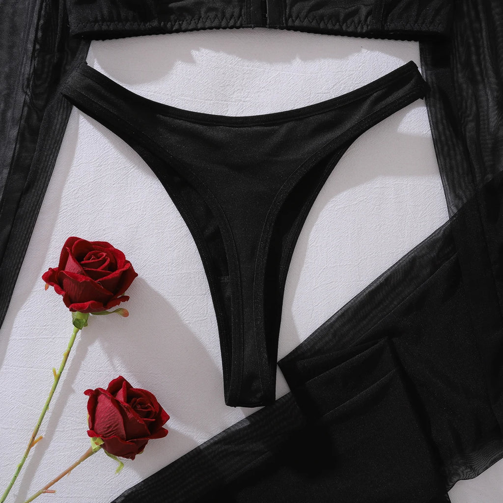 Lingerie sexy dentelle string bas ficelles crop-top transparent noir Constellation