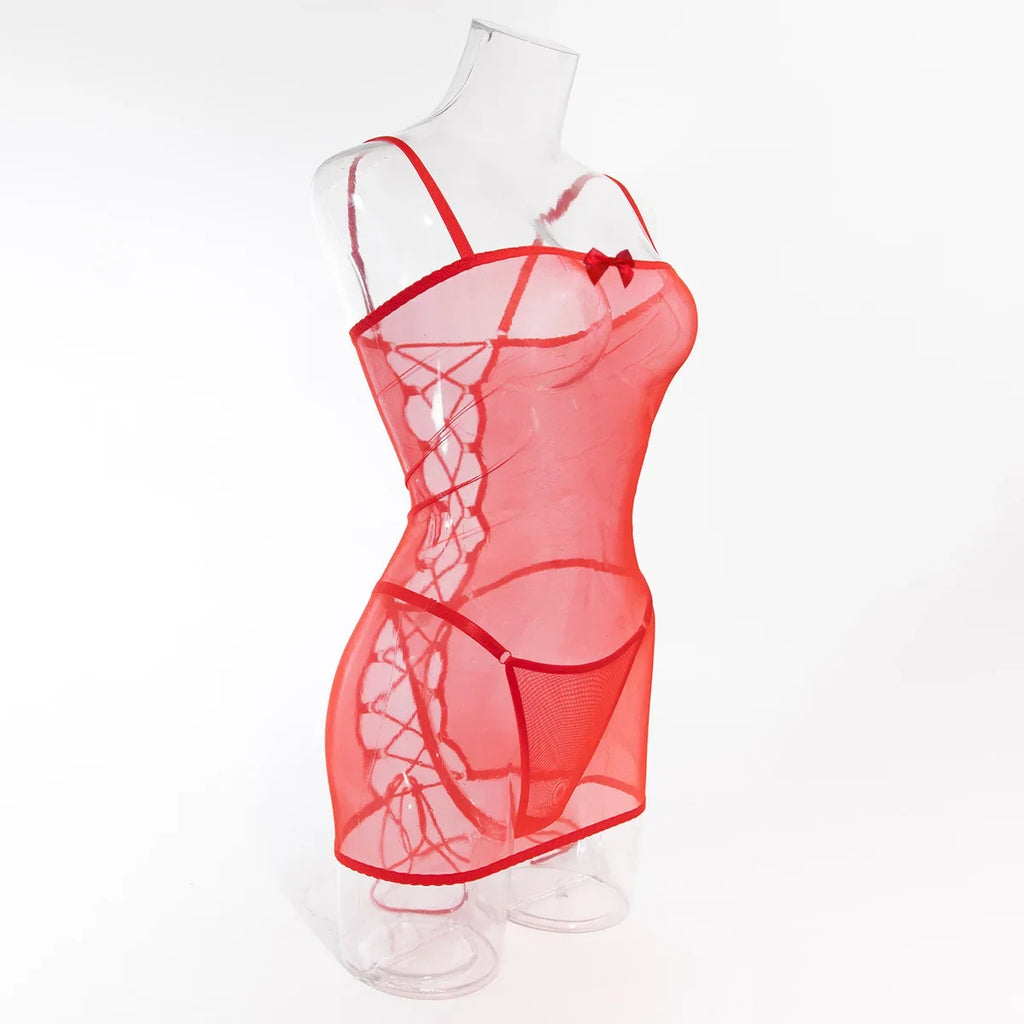 Lingerie sexy robe transparente dos lacé avec string Voile de nuit