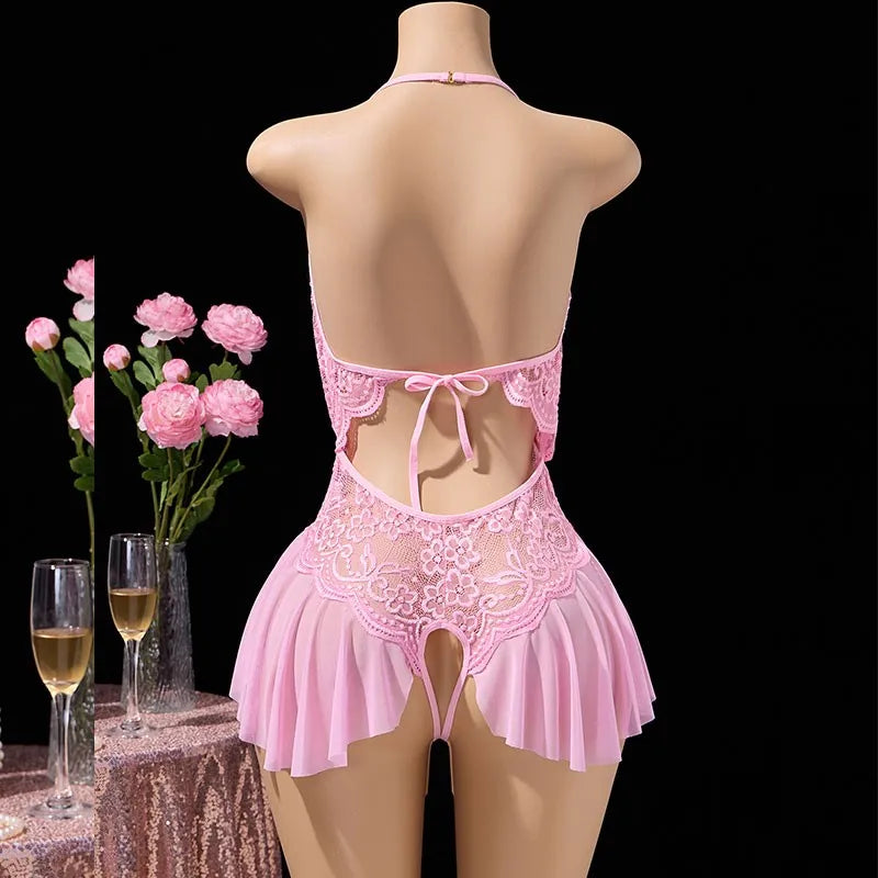 Body string ouvert Dentelle Col V Rose L'Envoûtante - Nuit Rouge