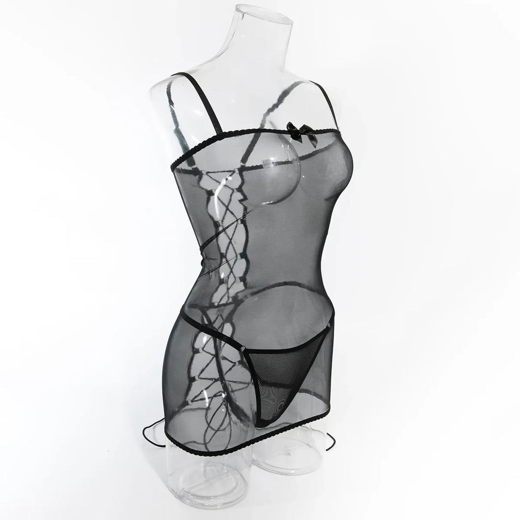 Lingerie sexy robe transparente dos lacé avec string Voile de nuit