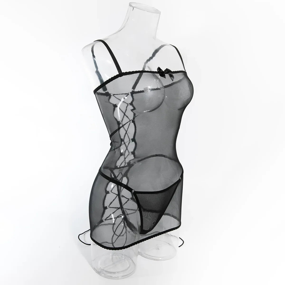 Lingerie sexy robe transparente dos lacé avec string Voile de nuit